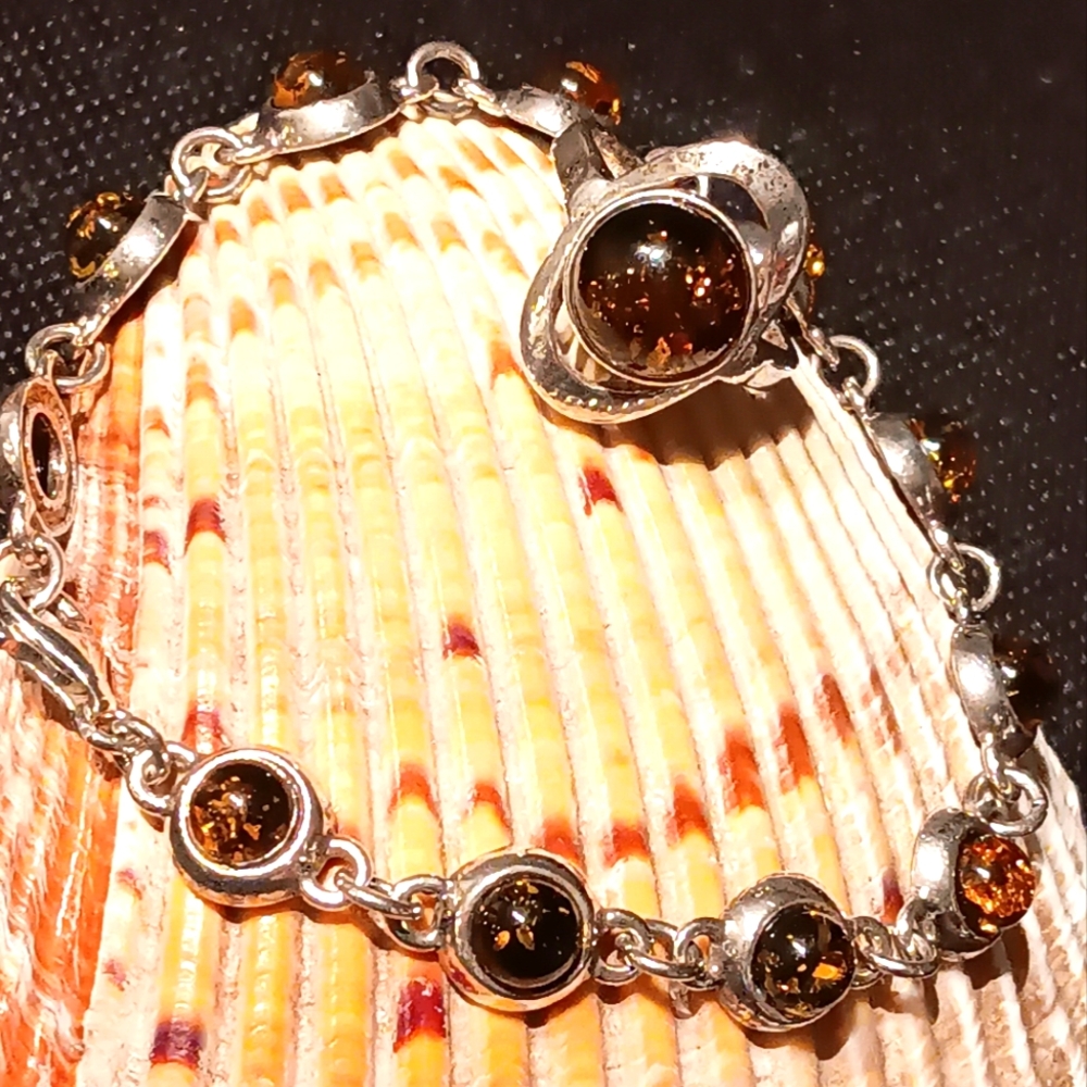 Set Baltic Amber Bracelet Ring Sterling Silver - Picture 7 of 15